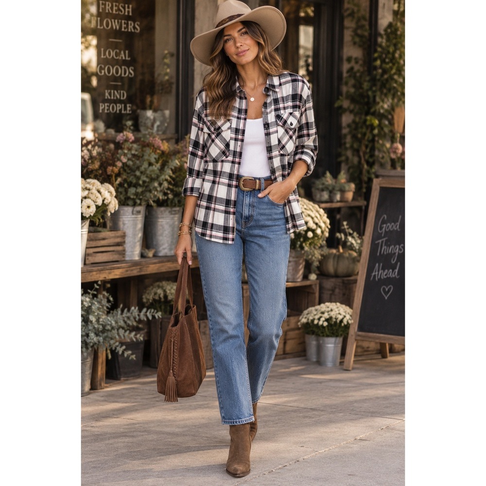 Sanctuary Boyfriend Shirt Small Plaid Button Down Pink White Black B1352-ZCL676